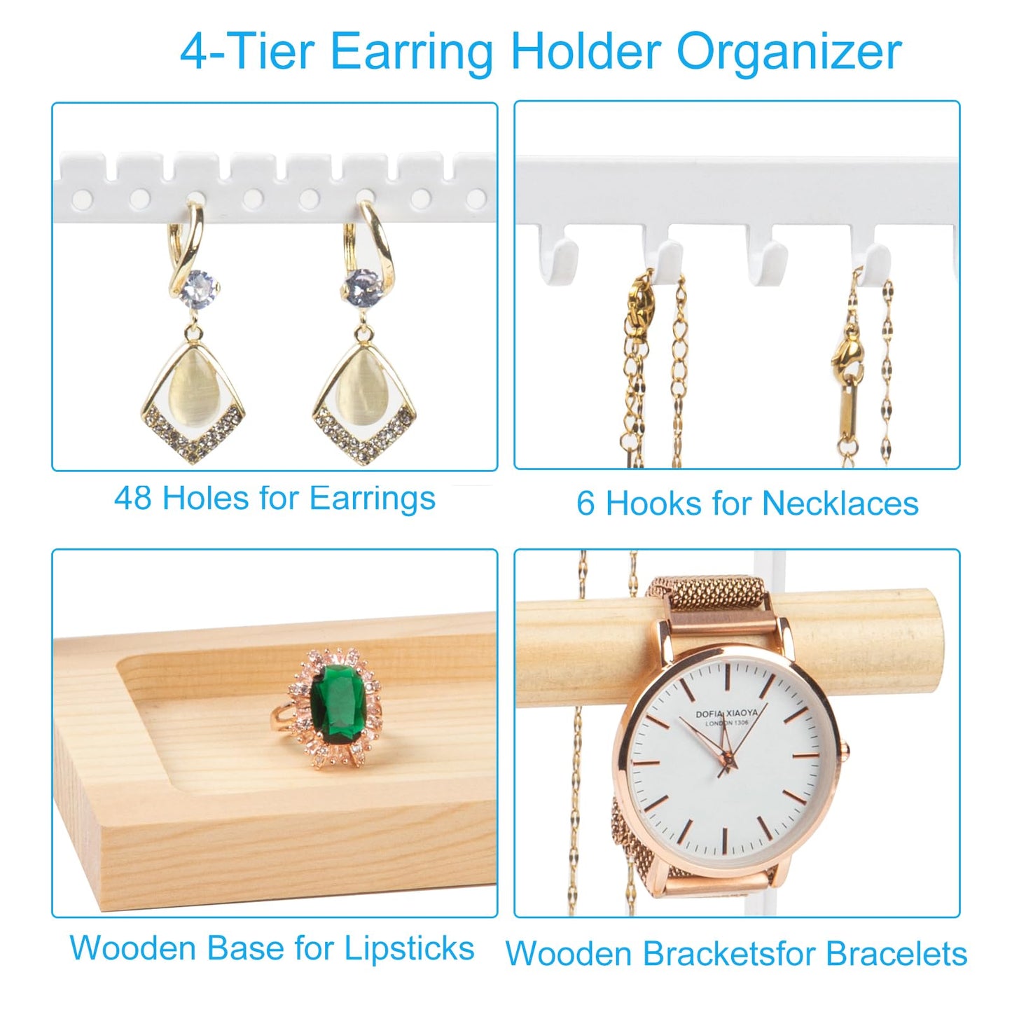 Jewelry Organizer Stand, Jewelry Holder, Lengnoy 4 Tier Earring Holder with 48 Holes and 6 Hooks Necklace Organizer Wood Box for Necklace Bracelet Earring Ring, White