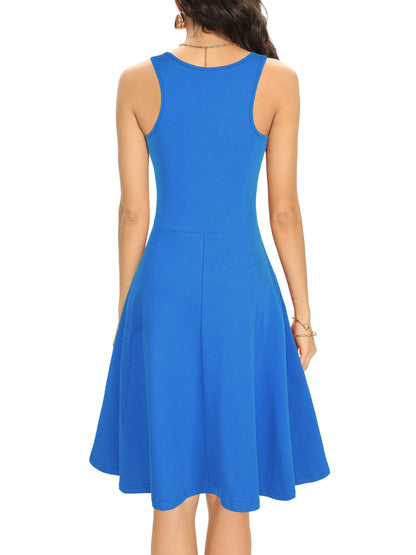 Missufe Women's Casual Sundress Summer Sleeveless Racerback Tank Fit and Flare Skater Dress (Blue, Small)