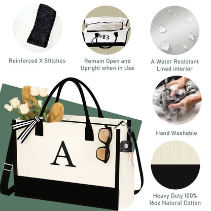 QLOVEA Canvas Beach Tote Bag Womens Birthday Gifts 16oz Personalized Initial Canvas Bag with Strap & Zipper & Pockets Monogrammed Embroidery Bridesmaid Gifts for Mom Sisters Friends Letter S