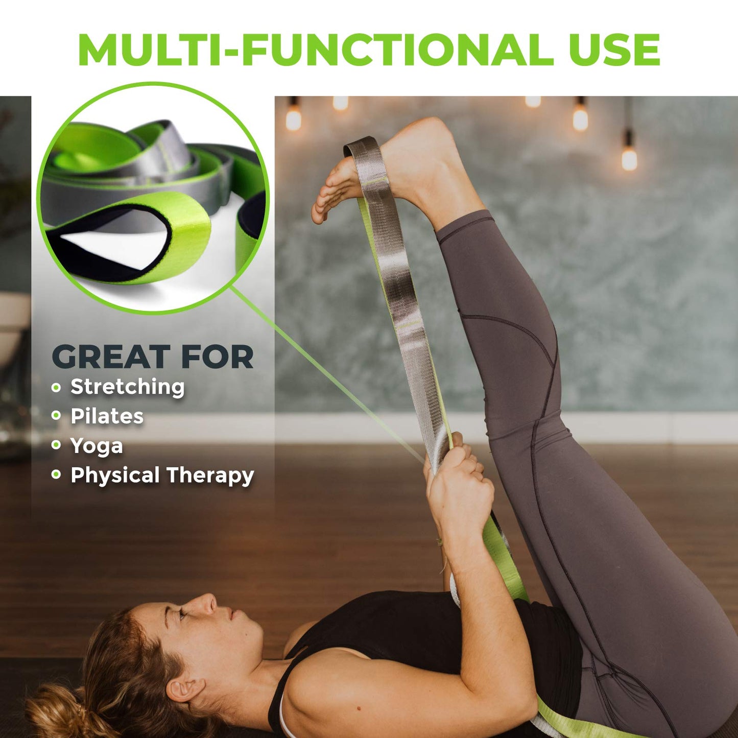 Gradient Fitness Stretching Strap for Physical Therapy, 12 Multi-Loop Stretch Strap 1.5" W x 8' L, Neoprene Handles, Physical Therapy Equipment, Yoga Straps for Stretching, Leg Stretcher, (Green/Grey)