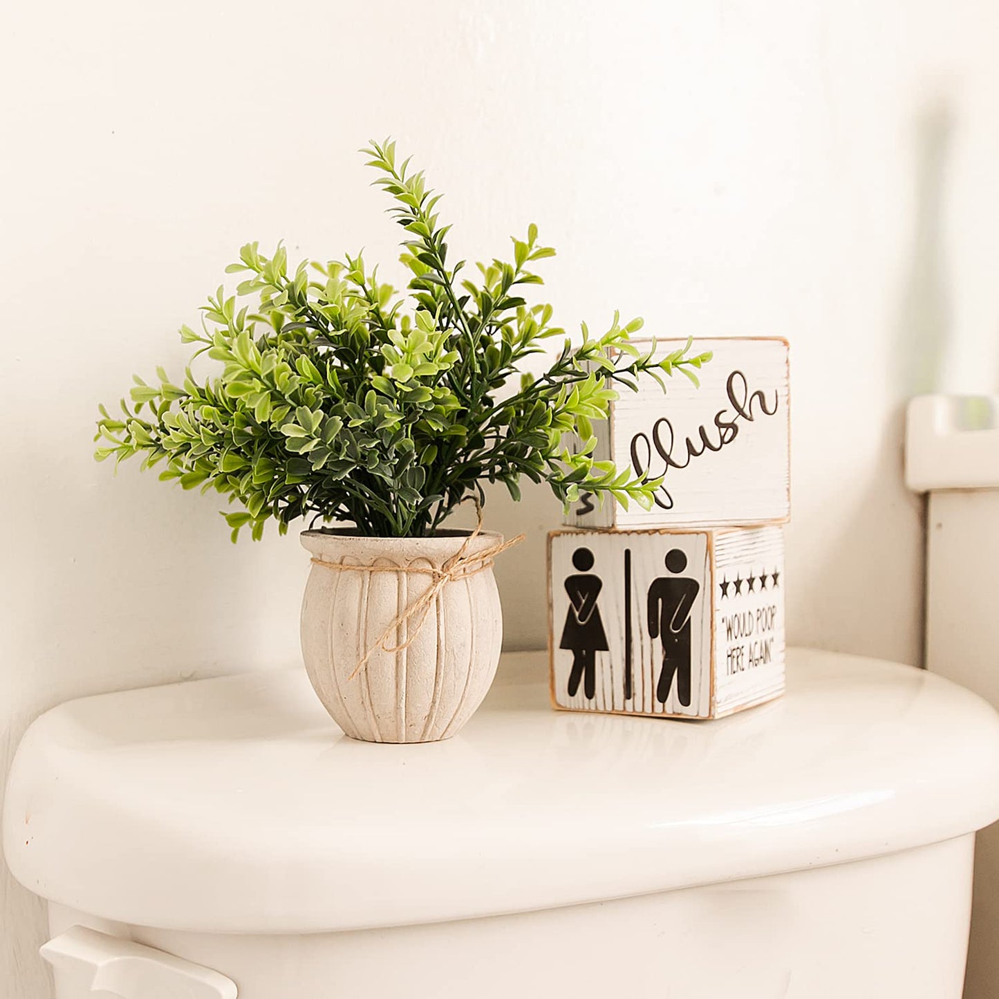 Farmhouse Block Decoration Four-Sided Funny Signs Modern Rustic Decor, Wooden Cute Guest Art Home Decorations Restroom Sign For Bathroom (Block + Plant)