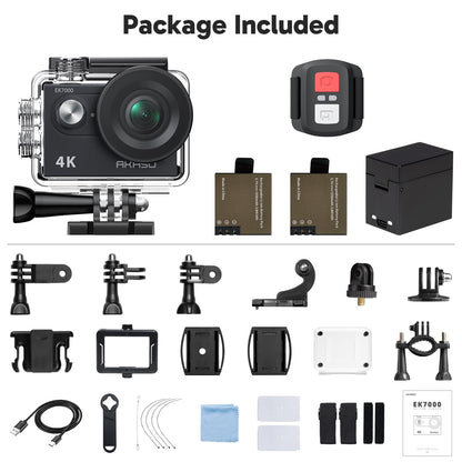 AKASO EK7000 4K30fps Action Camera with 128GB MicroSDXC U3 Memory Card Accessories Kit Bundle Ultra HD 131FT Waterproof Camera EIS WiFi Remote Control 4X Zoom Underwater Camera