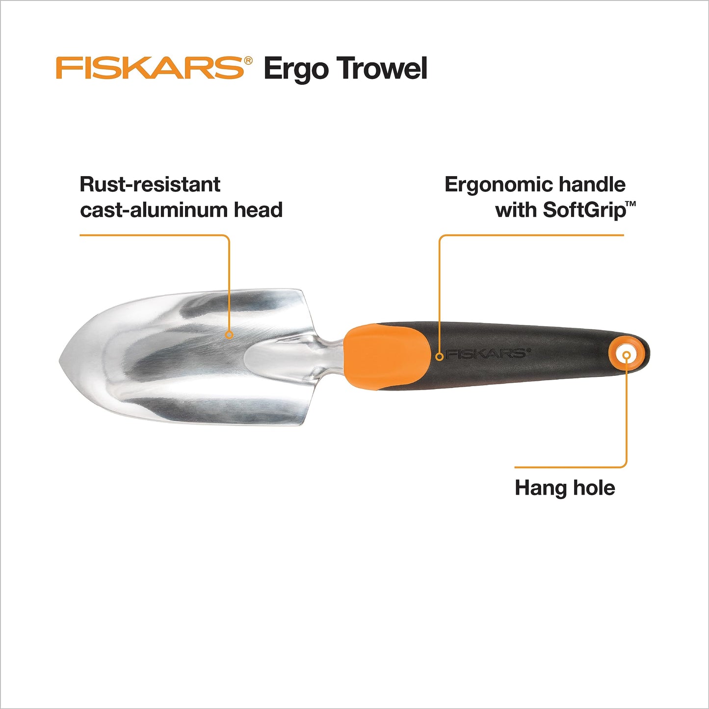 Fiskars Ergo Garden Trowel for Digging and Planting, Heavy Duty Gardening Hand Tool with Hanging Hole