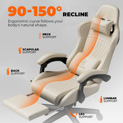 GTPLAYER Gaming Chair with Speakers, Video Game Chairs with Footrest, PC Gamer Chairs for Adults - Padded High Back Ergonomic Reclining Silla Gamer, Linkage Armrest, Ace Pro, Ivory New