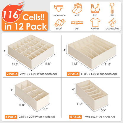 12 Pack Baby Clothes Organizer for Nursery, 116 Cells Fabric Foldable Dresser Closet Organizers and Storage Bins for Clothing, Women Men Underwear Socks, Bra, Ties, Scarf, Belt, Hair Accessories