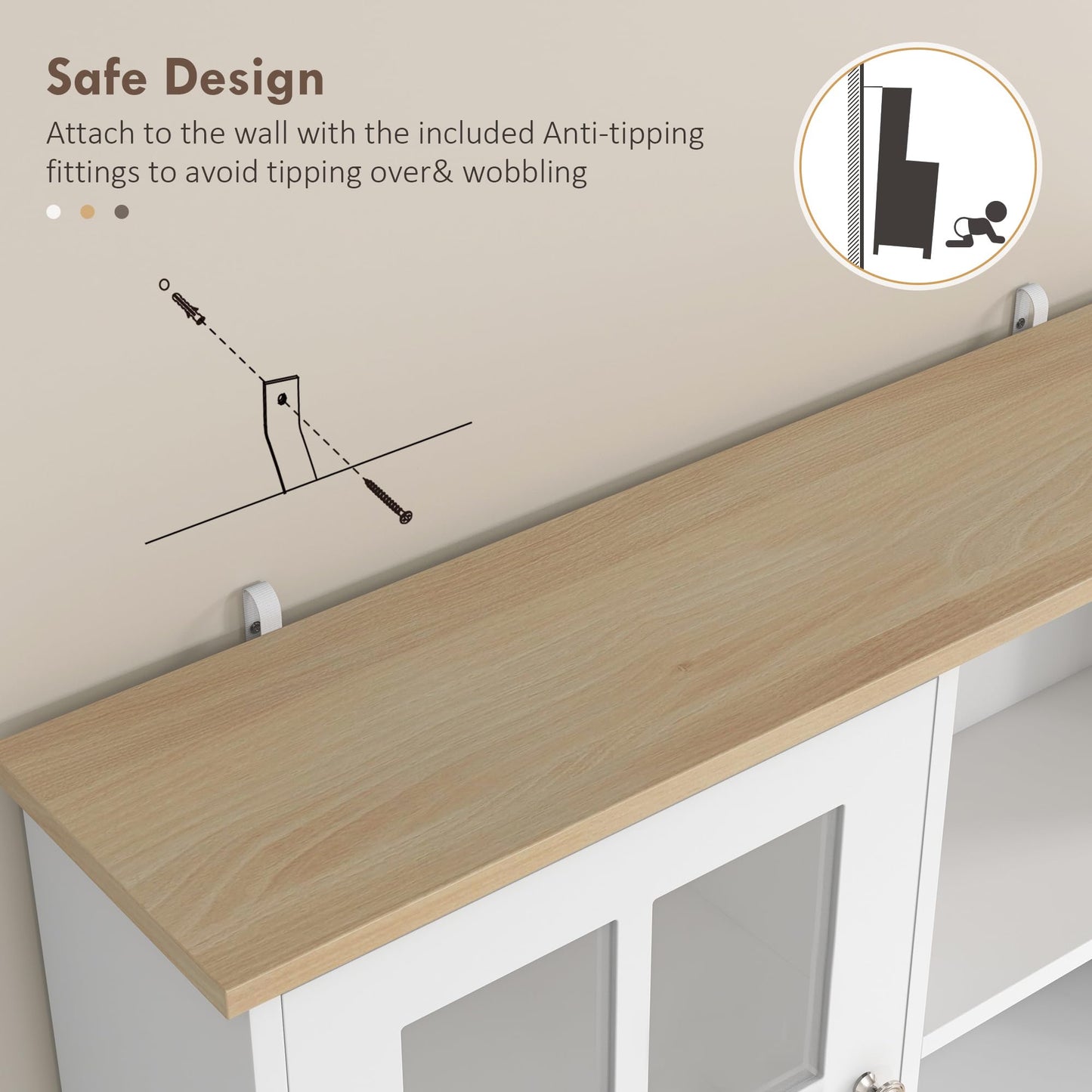 HOMCOM Kitchen Pantry Storage Cabinet, 72" Freestanding Cabinet with Hutch, Large Countertop, Glass Doors and Adjustable Shelves for Dining Room, White