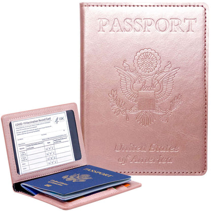 Passport Holder Cover Wallet Case RFID Blocking Leather Card Slot Travel Accessories Documents Organizer Protector for Women Men, Rose Gold