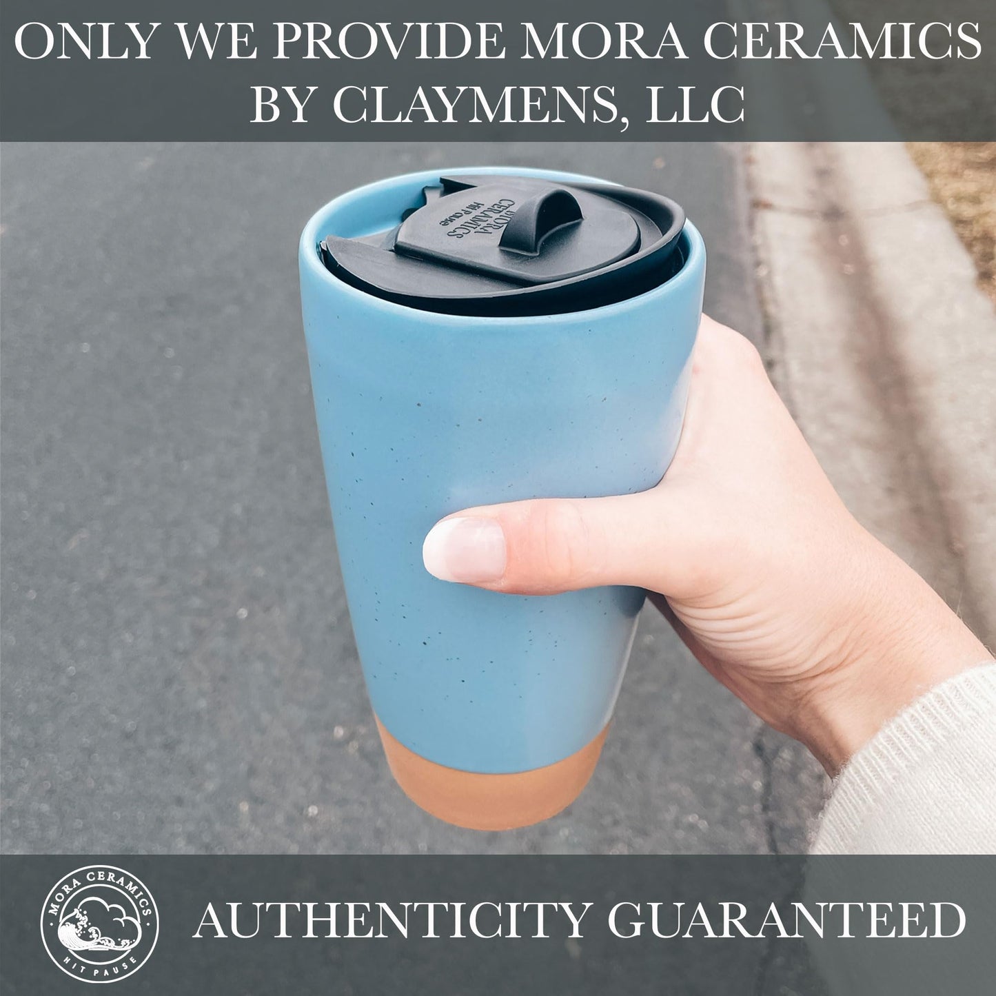 Mora Double Wall Ceramic Coffee Travel Mug with Lid, 14 oz, Portable, Microwave, Dishwasher Safe, Insulated Reusable Tall Cup, Splash Resistant Lid - To Go Tumbler for Car Cup Holder, Dusty Blue