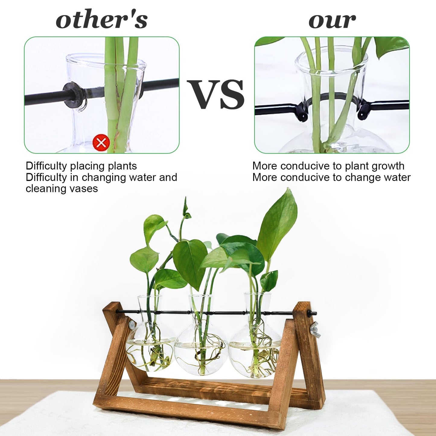 Renmxj Plant Propagation Station, Plant Terrarium with Wooden Stand, Unique Gardening Birthday Gifts for Women Plants Lovers, Home Office Garden Decor Planter - 3 Bulb Glass Vases