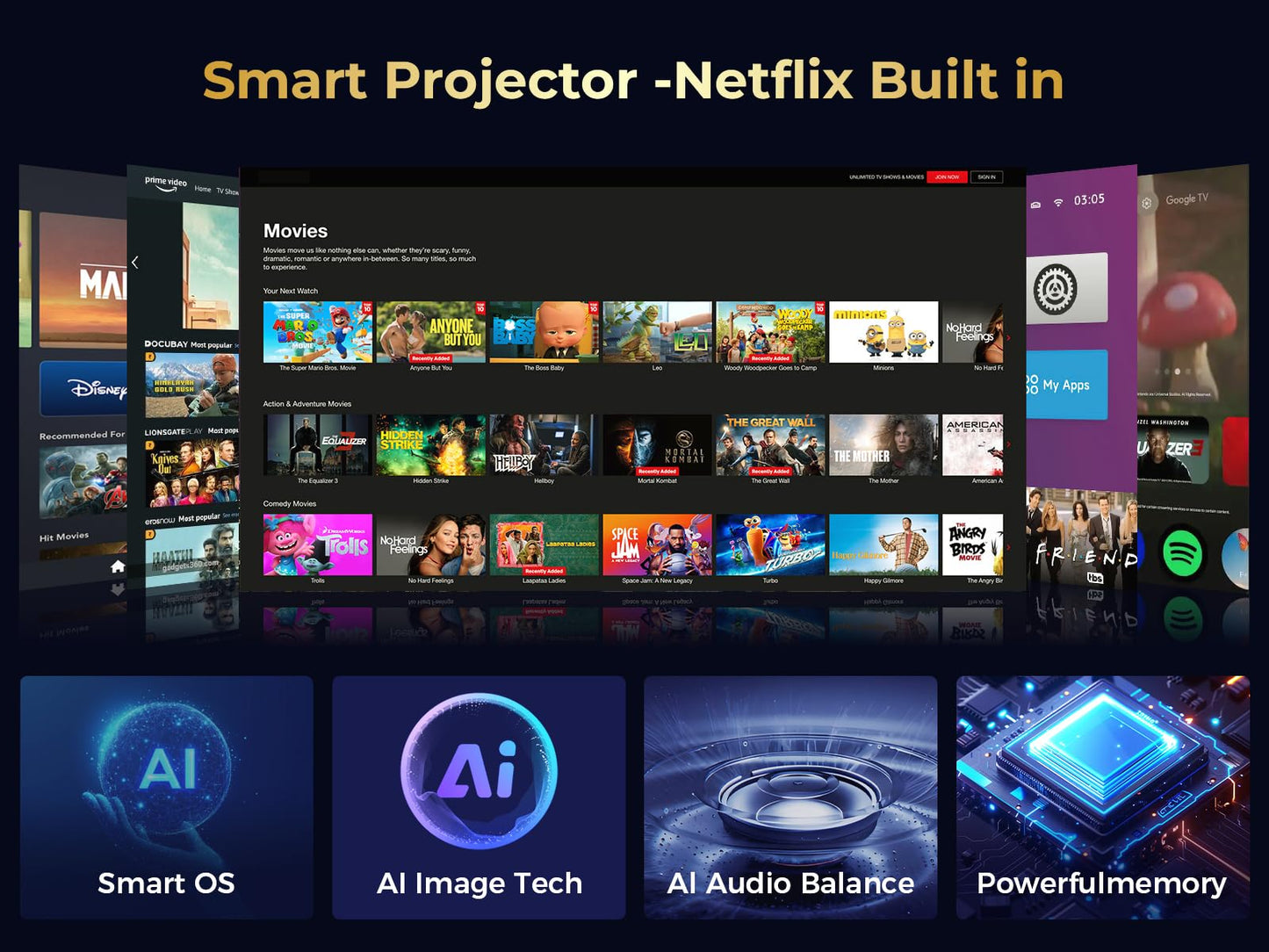 GooDee Smart 4K Projector with 5G WIFI and Bluetooth, Netflix/Amazn Prime Video Certified, Dolby Audio, 800ANSI Outdoor Projector, 400" Zoom Home Theater Projector Compatible with TV Stick,iOS,Android