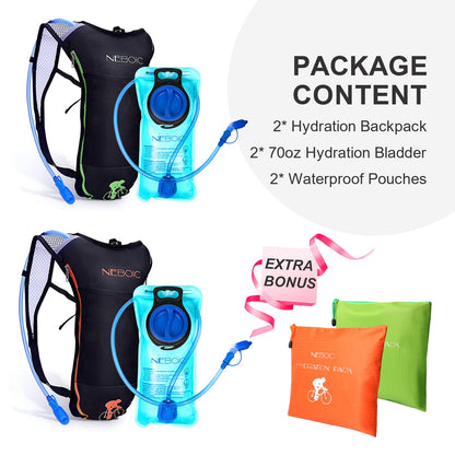 Neboic 2Pack Hydration Backpack Pack with 2L Hydration Bladder - Lightweight Water Backpack Keeps Water Cool up to 4 Hours with Big Storage for Kids Women Men Hiking Cycling Camping Music Festival