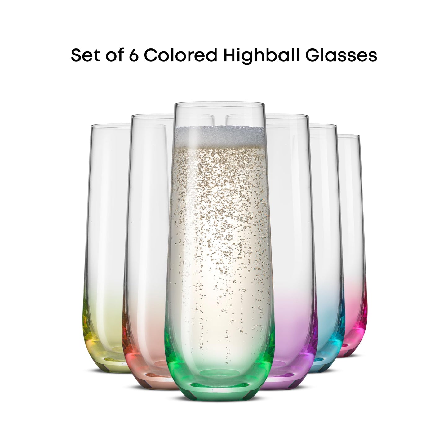 JoyJolt Hue Stemless Champagne Flutes Set of 6 Colored Glasses, 9.5oz Cocktail Glass Set for Mimosa, Stemless Champagne Glasses, Prosecco Wine Flute, Bar Glassware