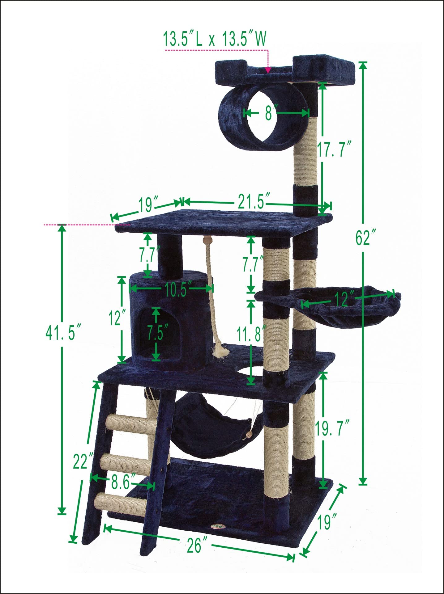 Go Pet Club - 62" Tall Cat Tree - Cat Tower with Scratching Post - Cat Tower for Indoor Cats - Multi-Level Condo, Hammock, Basket Bed - Blue