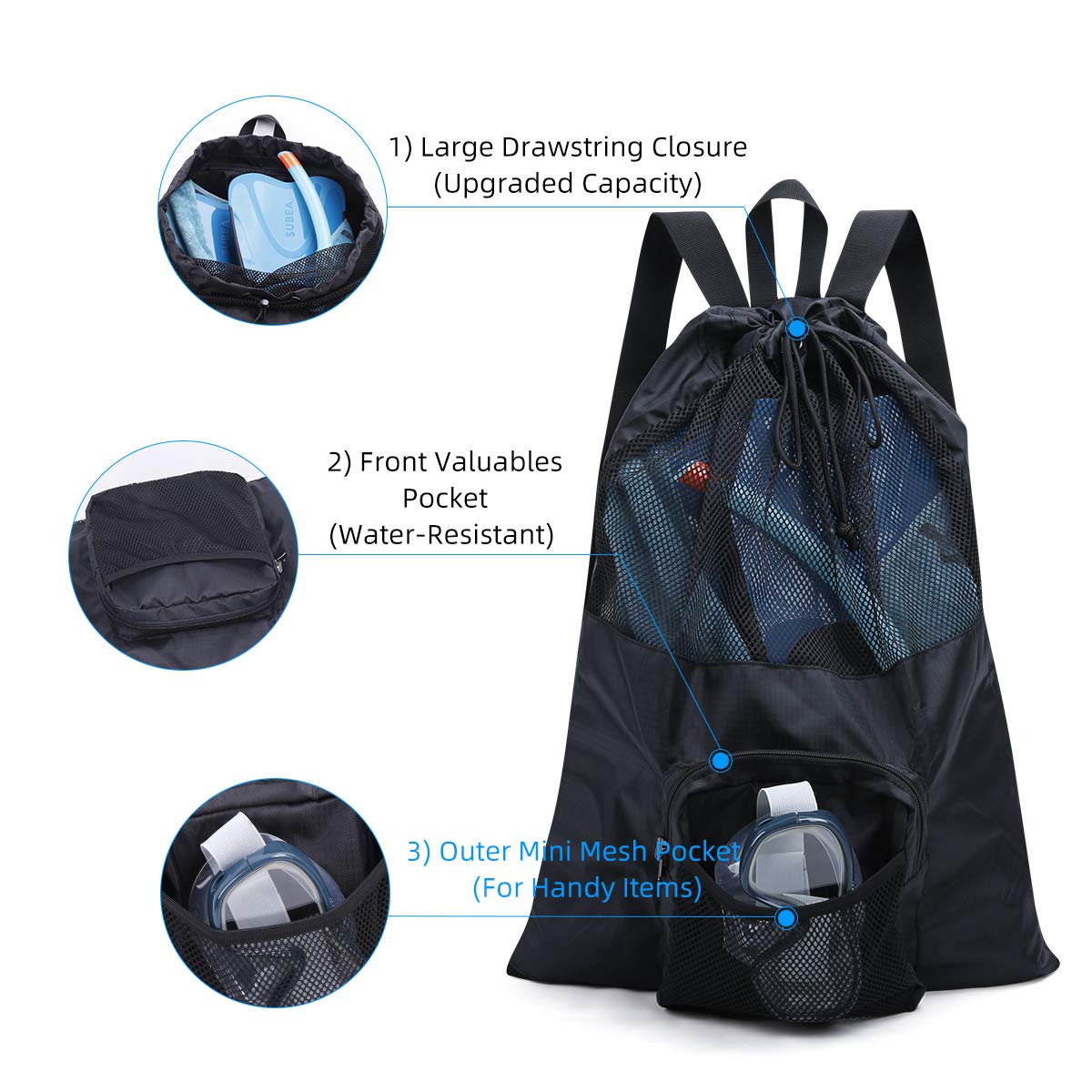 PACEARM Packable Swim Bag, Mesh Swim Drawstring Backpack with 35L Upgraded Capacity & Vented Design, Lightweight Swimmers Mesh Bag for Swimming Gear Snorkeling Equipment (Black)