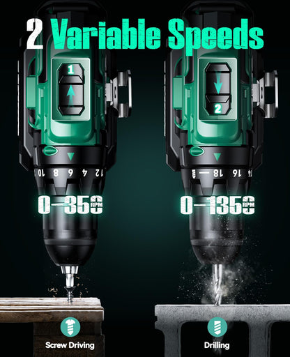 KIMO 20V Cordless Drill Set with 2 Packs 2.0Ah Battery, Max 350 In-lb Torque, 1350 RPM, 3/8" Keyless Chuck, 18+2 Clutch Setting, 18pcs Accessories, Power Drill for Drilling Wood Bricks Walls Metal