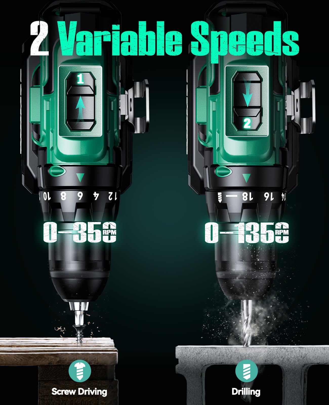 KIMO 20V Cordless Drill Set with 2 Packs 2.0Ah Battery, Max 350 In-lb Torque, 1350 RPM, 3/8" Keyless Chuck, 18+2 Clutch Setting, 18pcs Accessories, Power Drill for Drilling Wood Bricks Walls Metal