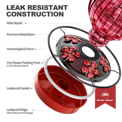 Glass Hummingbird Feeder for Outdoors Hanging, 26Oz Bird Nectar Feeder with Perch & 5 Flower Feeding Ports, Leak Proof for Outside Garden Decor Backyard, Gifts for Women Mom, Red