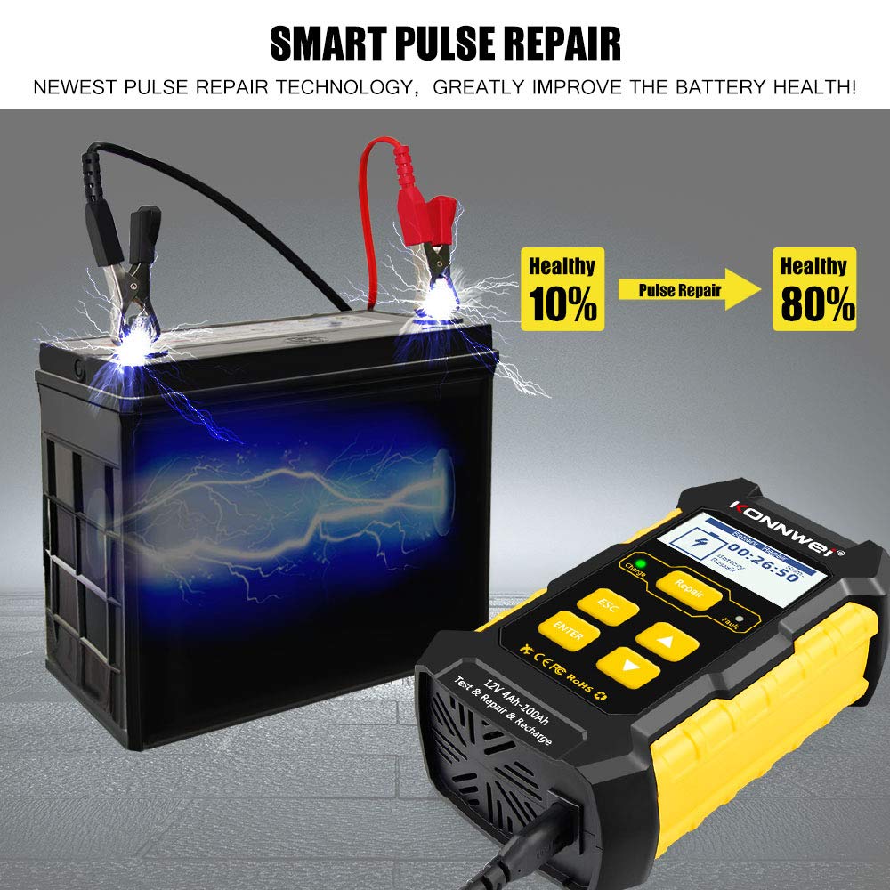 KONNWEI 3 in 1 Car Battery Charger, KW510 Battery Tester 12V 5-Amp Fully Automatic Smart Charger Automotive Pulse Repair Maintainer, Trickle Charger Battery Desulfator w/Temp Compensation
