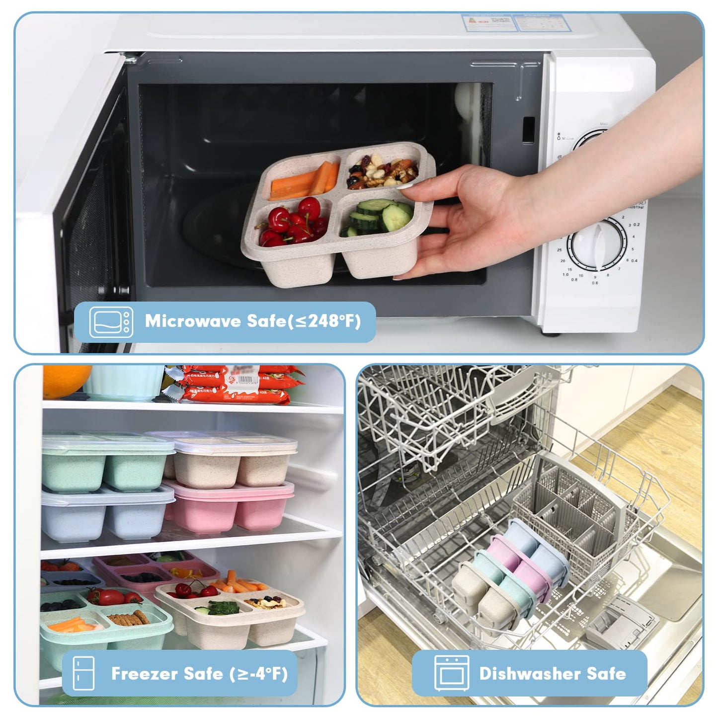 Lvcksturoge 4 Pack Snack Containers, 4 Compartments Bento Snack Box, Reusable Meal Prep Lunch Containers for Kids Adults, Divided Food Storage Containers for School Work Travel