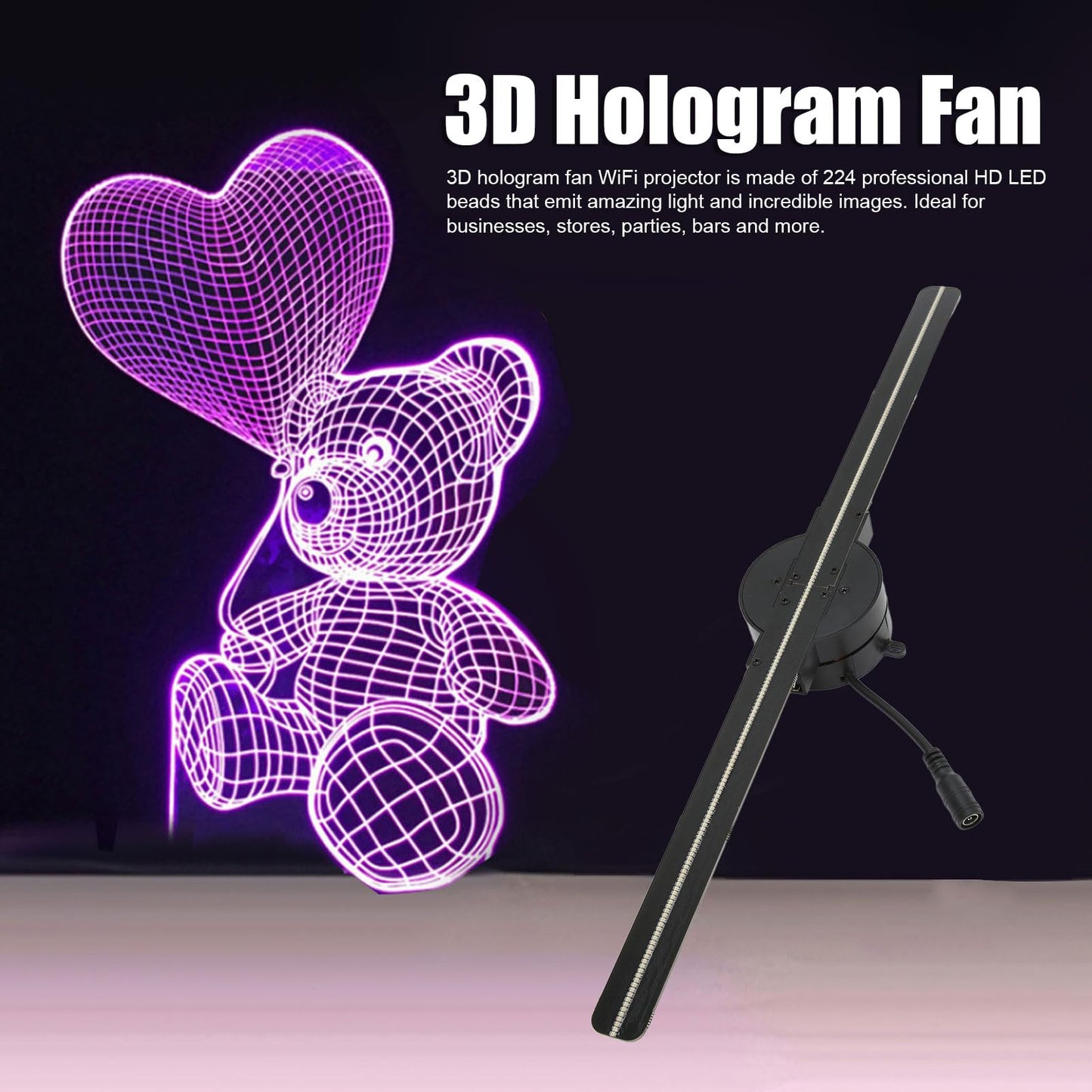 3D Hologram Fan, 16.5in 3D Hologram Projector Advertising Display With 224 LED Light Beads Holographic Video Projector for Business Store Signs, Bar, Casino, Party, Christmas