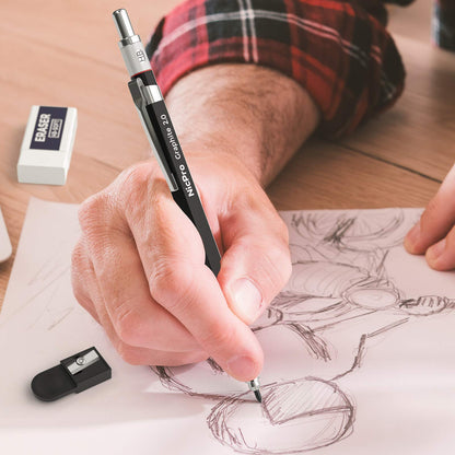 Nicpro 2mm Metal Mechanical Pencil Set, 2PCS Lead Holder 2.0 mm Marker Artist Carpenter Pencils with 120 Graphite Lead Refill (HB 2H 4H 2B 4B & Color), 2 Eraser for Drafting, Drawing Writing Sketching