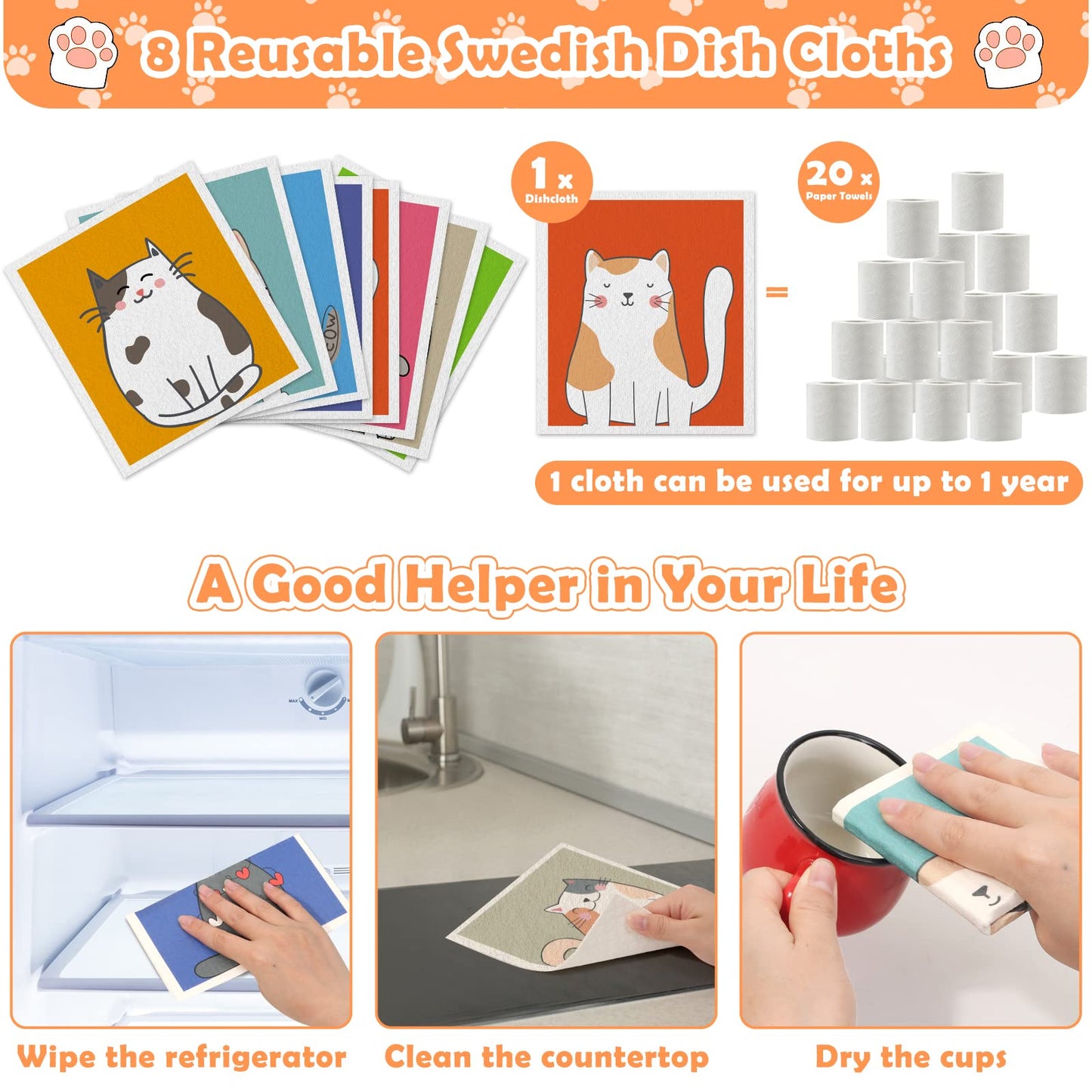 Lucomb Swedish Dish Cloths for Kitchen, 8 Pack Reusable Cleaning Cloth Absorbent Kitchen Towels No Odor Fast Drying for Home Wipes Dish Washing (Cute Cat)