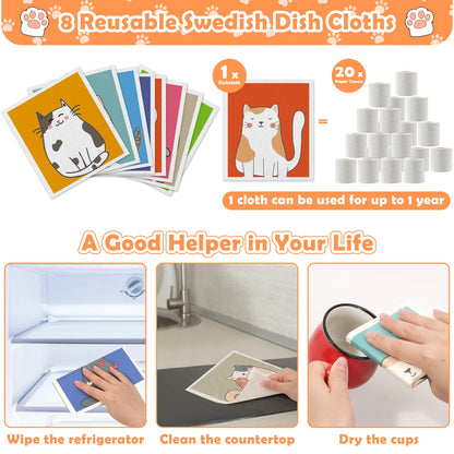 Lucomb Swedish Dish Cloths for Kitchen, 8 Pack Reusable Cleaning Cloth Absorbent Kitchen Towels No Odor Fast Drying for Home Wipes Dish Washing (Cute Cat)