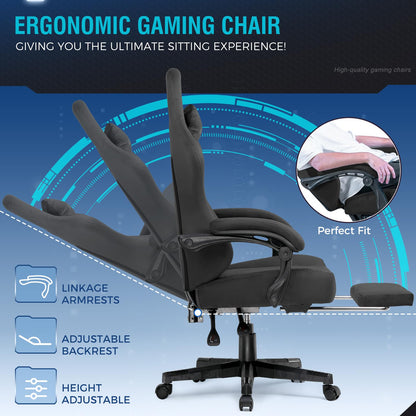 GTPLAYER Gaming Chair Fabric with Pocket Spring Cushion, High Back Ergonomic Computer Chair with Footrest for Adults Lumbar Support Swivel Game Chair for Office Gaming 350LBS, Black