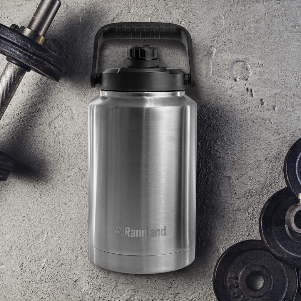 Rangland Insulated 1 Gallon Water Bottle with Sleeve - Stainless Steel Wide Mouth Growler with Tactical Carrying Bag - Insulation for Hot/Cold Drinks (128oz)