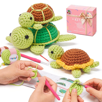 Mewaii Beginner Crochet Kit with 40% Extra Yarn, Pre-Started Yarn & Video Tutorials - 3 Sea Turtles Craft Set for Adults & Kids