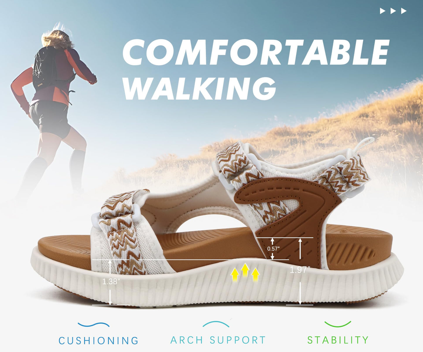 KuaiLu Womens Orthopedic Walking Sandals Comfortable Plantar Fasciitis Arch Support Summer Outdoor Travel Outfits Platform Cushion Shoes Athletic Sport Recovery Adjustable Strap Slides Khaki Size 8