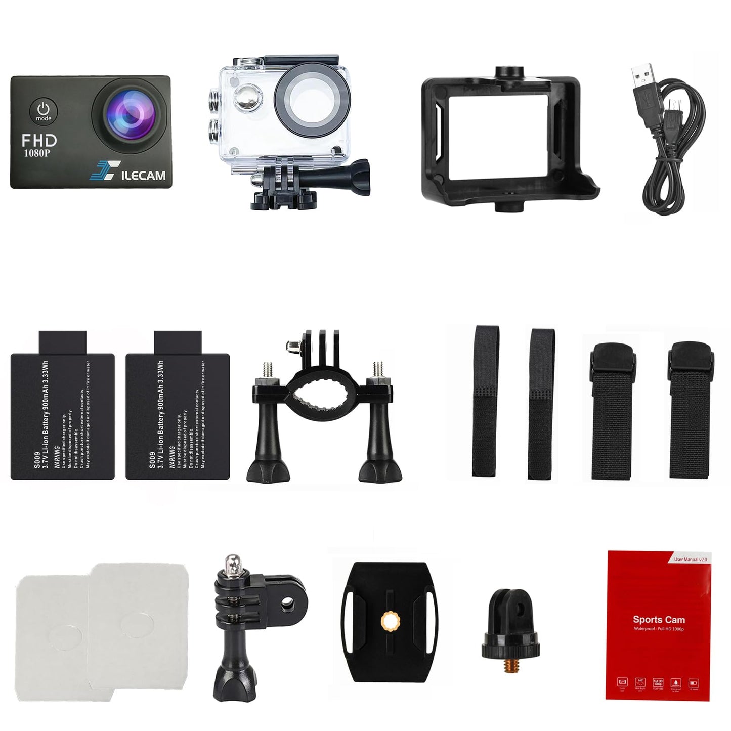 Xilecam Action Camera 1080P 30fps Sports Camera 40m/131ft Underwater Waterproof with 2 Batteries and Multi-Function Accessory