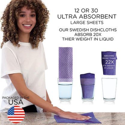 LOLA Wowables XL Swedish Dishcloths, 30 Reusable Eco Cleaning Cloths, 11" x 10", Ultra Absorbent Cellulose Sponge Towel, Compostable, Made in Germany