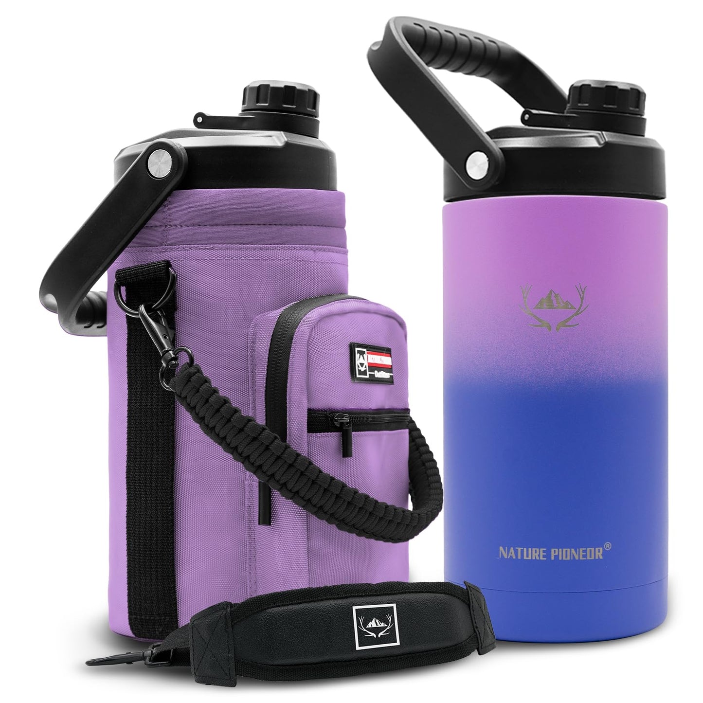 NATURE PIONEOR Insulated Water Bottles with Strap - 64 oz Stainless Steel Vacuum Wide Mouth Bottle with Holder/Carrier/Sleeve - 18/8 Food Grade 64oz Half Gallon Water Jug