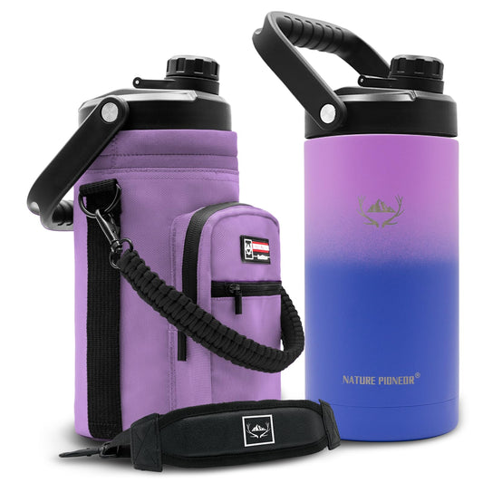 NATURE PIONEOR Insulated Water Bottles with Strap - 64 oz Stainless Steel Vacuum Wide Mouth Bottle with Holder/Carrier/Sleeve - 18/8 Food Grade 64oz Half Gallon Water Jug