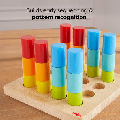 HABA Rainbow Risers Wooden Stacking Game: Montessori Toys for 2 Year Old & Up, Shape Sorter & Wooden Pegboard Preschool Learning Toys with Challenge Cards