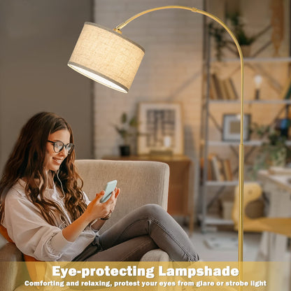 Gold Arc Floor Lamp, Dimmable Floor Lamp for Living Room, Mordern Standing Light with Adjustable Lamp Head, Tall Pole Lamp Over Couch Arched Light for Reading, Bedroom, Office, 9W LED Bulb Included