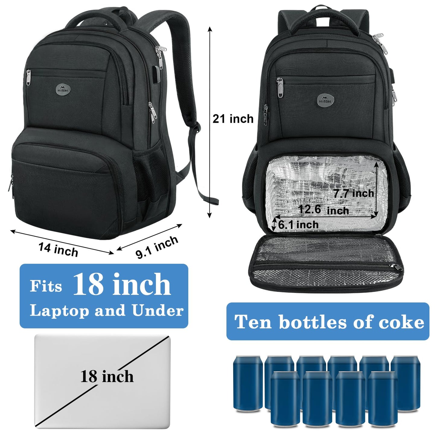 MATEIN 18 Inch Backpack for Men, Extra Large Work Backpack with Lunch Compartment, Water Resistant Insulated Cooler Computer Bag with USB Port, Sturdy Padded Carry On Laptop Daypack for College Travel