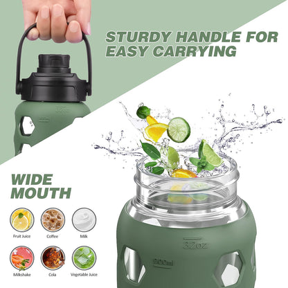 MUKOKO Glass Water Bottles, 32oz Glass Tumbler with Straw, Drinking Bottles with 2 Lids-Handle Spout Lid&Bamboo Straw Lid, Motivational Water Bottle with Time Marker and Silicone Sleeve, 1 Pack-Olive