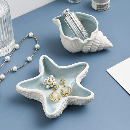 Linfye Starfish Jewelry Dish Tray - Ceramic Ring and Trinket Holder - Ocean Style Table Decoration for Earrings and Candy Storage