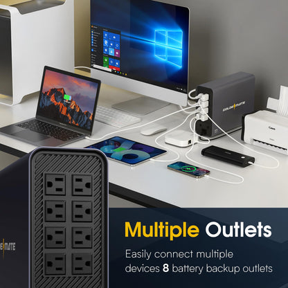 GOLDENMATE 1000VA/800W Lithium UPS Battery Backup & Surge Protector, Backup Battery Power Supply with LiFePO4 Batteries(230.4 Wh), Sinewave UPS System, 10 Years Lifespan, 8 Ports, LCD Display, Gray