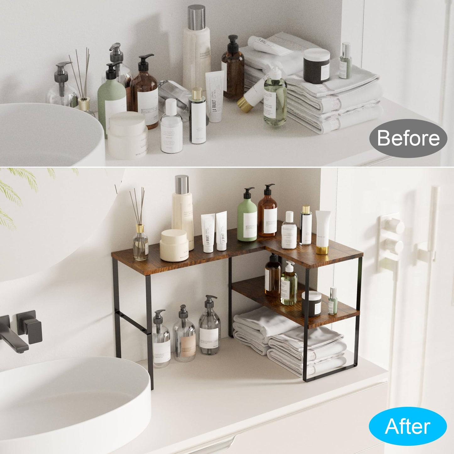 Golener Countertop Organizer Corner Shelf, 2 Tier Adjustable Stackable Corner Shelves for Kitchen, Bathroom, Spice Rack, Coffee Area, Over Sink, Dresser Table, Corner Counter Shelf Stand, Rustic Brown