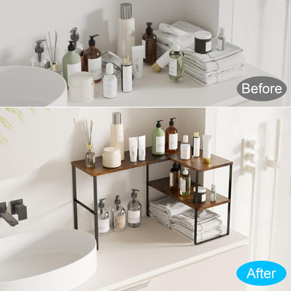 Golener Countertop Organizer Corner Shelf, 2 Tier Adjustable Stackable Corner Shelves for Kitchen, Bathroom, Spice Rack, Coffee Area, Over Sink, Dresser Table, Corner Counter Shelf Stand, Rustic Brown