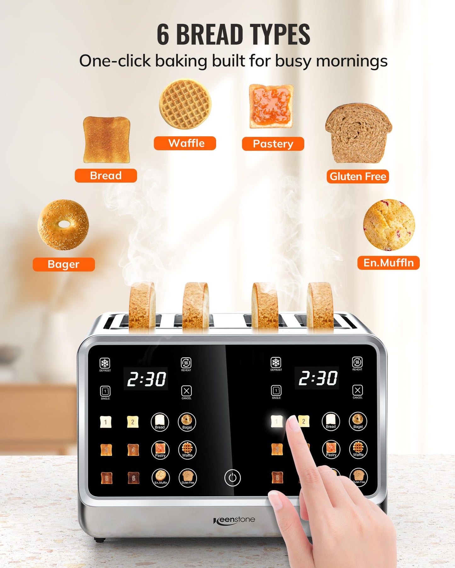 Keenstone Toaster 4 Slice, Digital Smart Toaster with TouchScreen, Dual Control Panel, Single Slot Toasting, Timer, Reheat & Defrost for Bagels, Bread, Waffles, Stainless Steel Kitchen Essentials