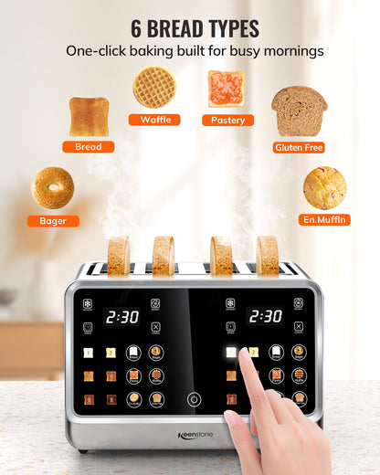Keenstone Toaster 4 Slice, Digital Smart Toaster with TouchScreen, Dual Control Panel, Single Slot Toasting, Timer, Reheat & Defrost for Bagels, Bread, Waffles, Stainless Steel Kitchen Essentials