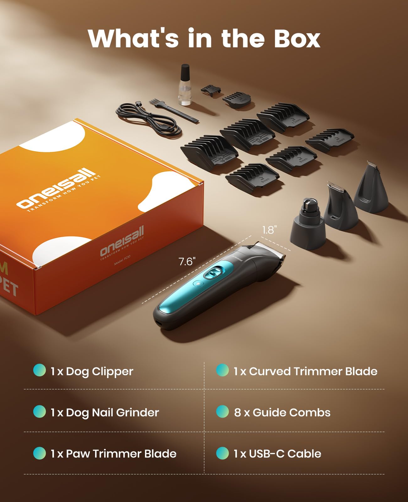 oneisall Quiet Dog Clippers for Grooming LED Light, Cordless Dog Grooming Kit 4 in 1, 2000mAh Pet Clippers Paw Trimmer Nail Grinder for Paw, Nail, Face, Ears, Legs, Body