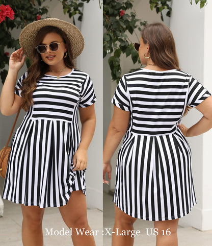 Naggoo Striped Dresses for Women,Summer Flowy Badydoll Cute Dress Short Sleeve Mini T-Shirt Dresses Black M
