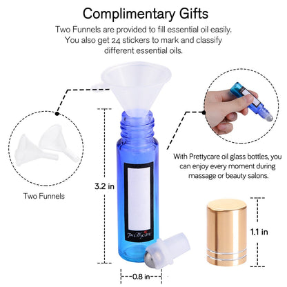 PrettyCare 12 Pack, 10 ml Essential Oil Roller Bottles with Stainless Steel Roller Ball - Refillable Leak-proof Empty Thick Rainbow Glass Roll on Bottles with Metal Caps for Travel, Perfume