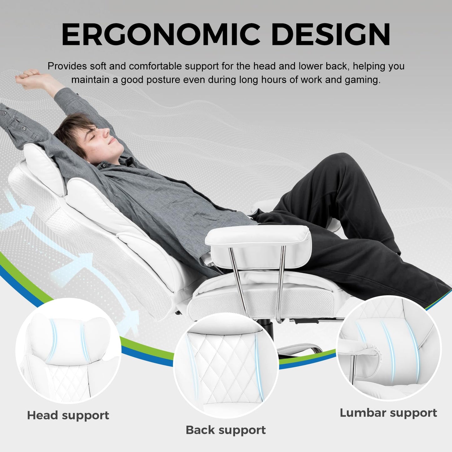 GTRACING Gaming Chair,Office Chair with Pocket Spring Lumbar Support, Ergonomic Comfortable Wide Office Desk Computer Chair with Outward Fixed Soft Armrests and Footrest,(PU Leather, White)
