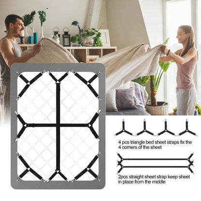 Luyena Bed Sheet Straps,6 PCS Secure and Fitted Sheet Straps for Full Size Bed,Adjustable Sheet Clips Elastic Fasteners Holders for Corners,Enhance Your Sleeping Experience(Black)